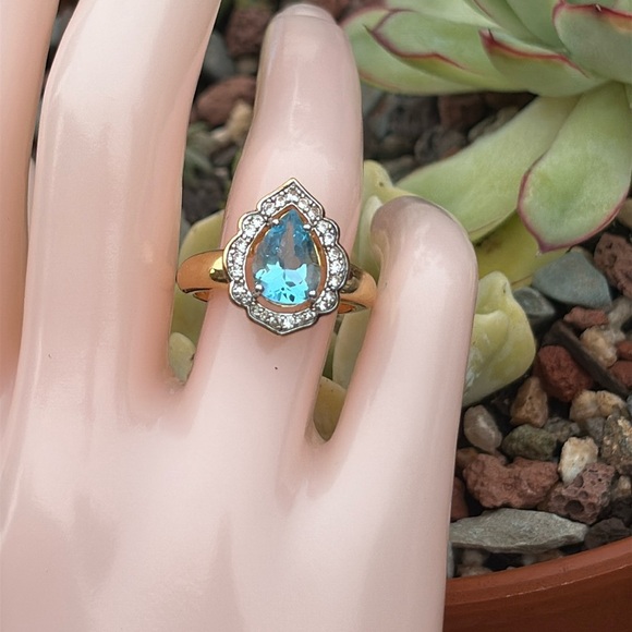 Jewelry - Swiss Blue Topaz Pear Cut White Sapphire Halo Cocktail Ring Size 7 18k over 925